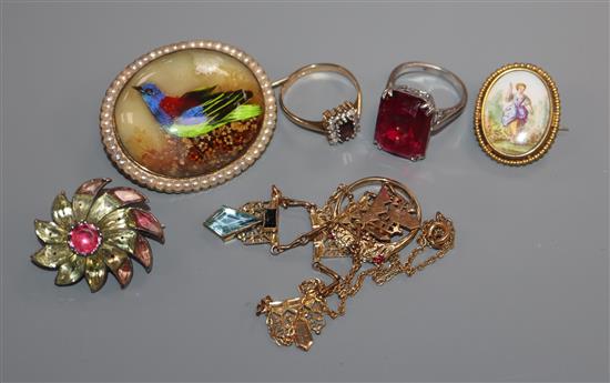 A 9ct gold and gem set ring, a yellow metal and seed pearl oval brooch and other mixed jewellery.